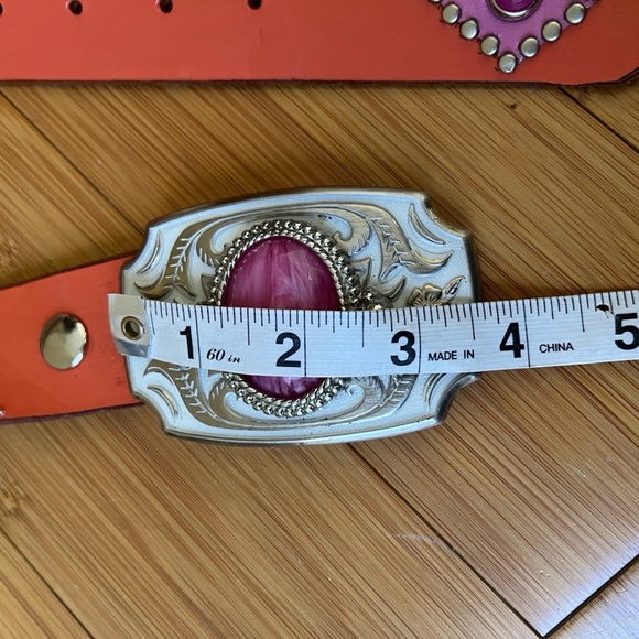 Retro Jeri Hart Design Pink Orange Leather Studded Jeweled Heart Western Belt - Picture 13 of 15